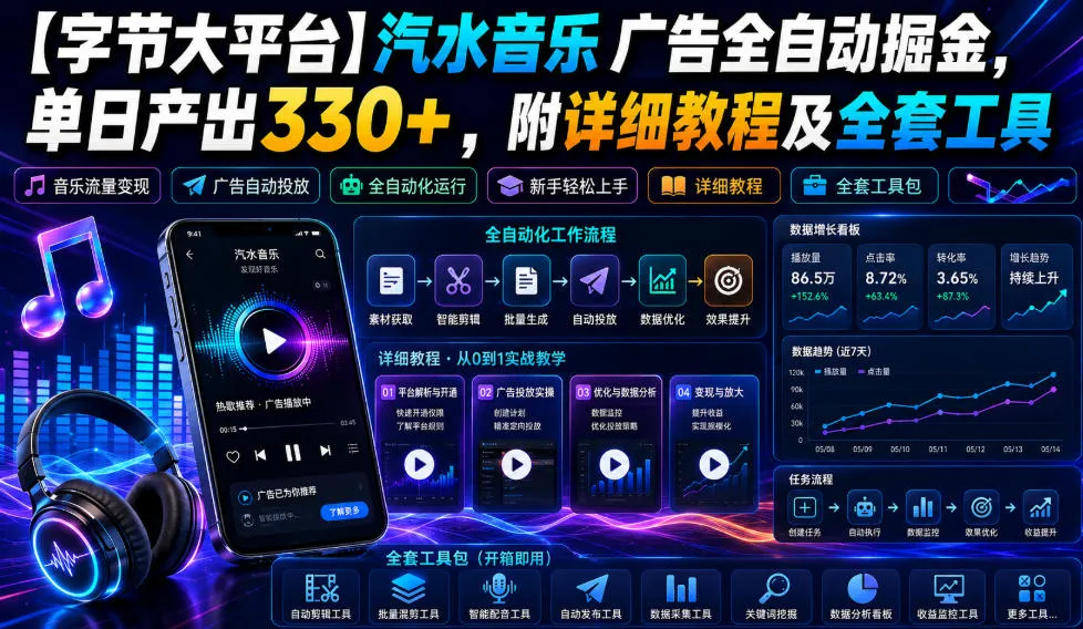 【字节大平台】汽水音乐广告全自动掘金,单日产出330+,附详细教程及全套工具【揭秘】-海豚优课资源库
