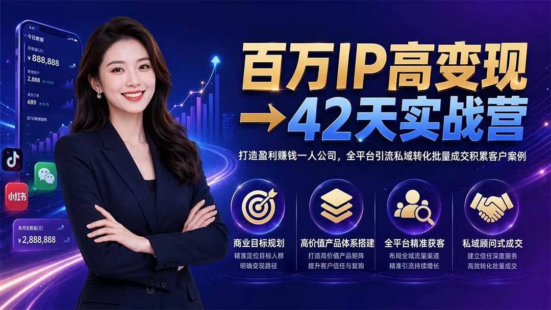 百万IP高变现→42天实战营|打造盈利赚钱一人公司,全平台引流私域转化批量成交积累客户案例-海豚优课资源库