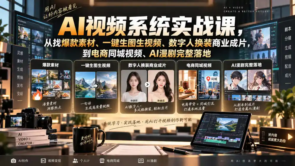AI视频系统实战课,从找爆款素材、一键生图生视频、数字人换装商业成片,到电商同城视频、AI漫剧完整落地-海豚优课资源库
