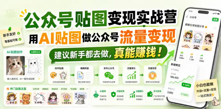 公众号贴图变现实战营,用AI贴图做公众号流量变现,建议新手都去做,真能賺钱!-海豚优课资源库