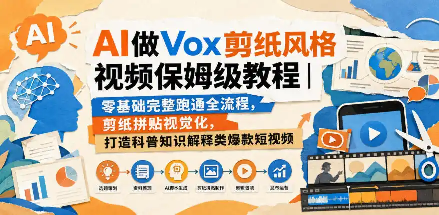AI做Vox剪纸风格视频保姆级教程|零基础完整跑通全流程,剪纸拼贴视觉化,打造科普知识解释类爆款短视频-海豚优课资源库