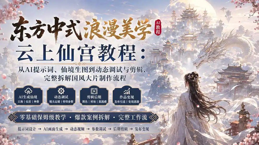 东方中式浪漫美学云上仙宫教程:从AI提示词、仙境生图到动态调试与剪辑,完整拆解国风大片制作流程-海豚优课资源库