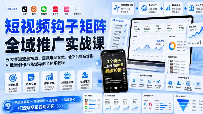 短视频钩子矩阵全域推广实战课|五大赛道流量布局、爆款选题文案、全平台排名优化、AI批量创作与私域导流全体系教程-海豚优课资源库