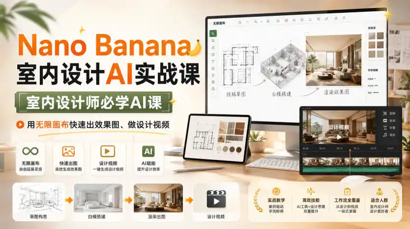 Nano Banana室内设计AI实战课,室内设计师必学AI课,用无限画布快速出效果图、做设计视频-海豚优课资源库