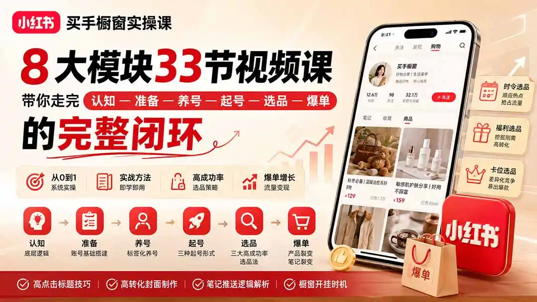小红书买手橱窗实操课:8大模块33节视频课,带你走完”认知—准备—养号—起号—选品—爆单”的完整闭环-海豚优课资源库