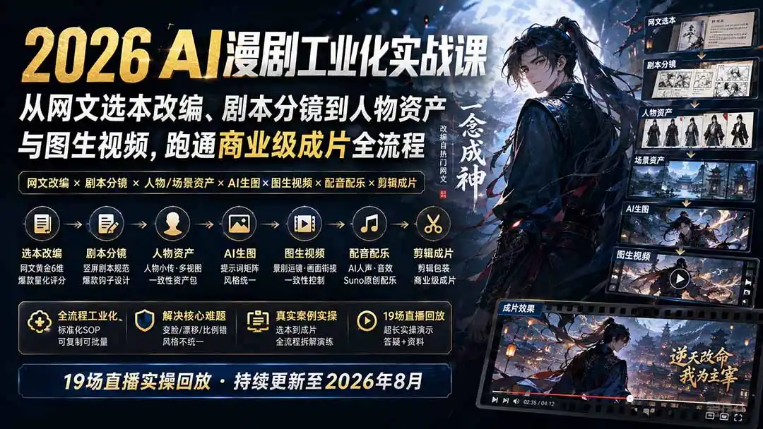 2026 AI漫剧工业化实战课-更新：从网文选本改编、剧本分镜到人物资产与图生视频，跑通商业级成片全流程-海豚优课资源库