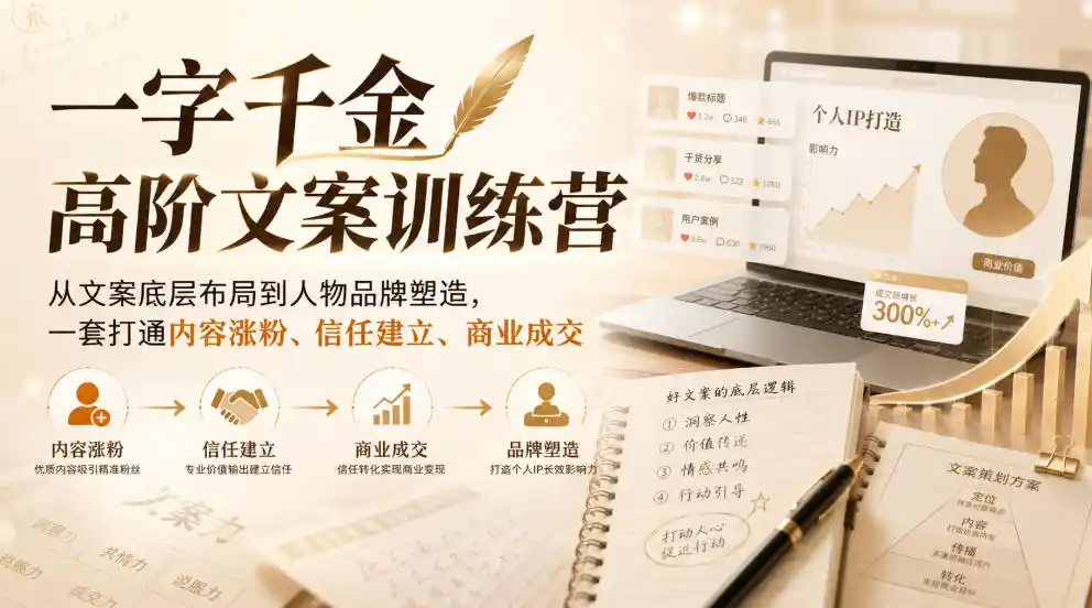 一字千金高阶文案训练营,从文案底层布局到人物品牌塑造,一套打通内容涨粉、信任建立、商业成交-海豚优课资源库