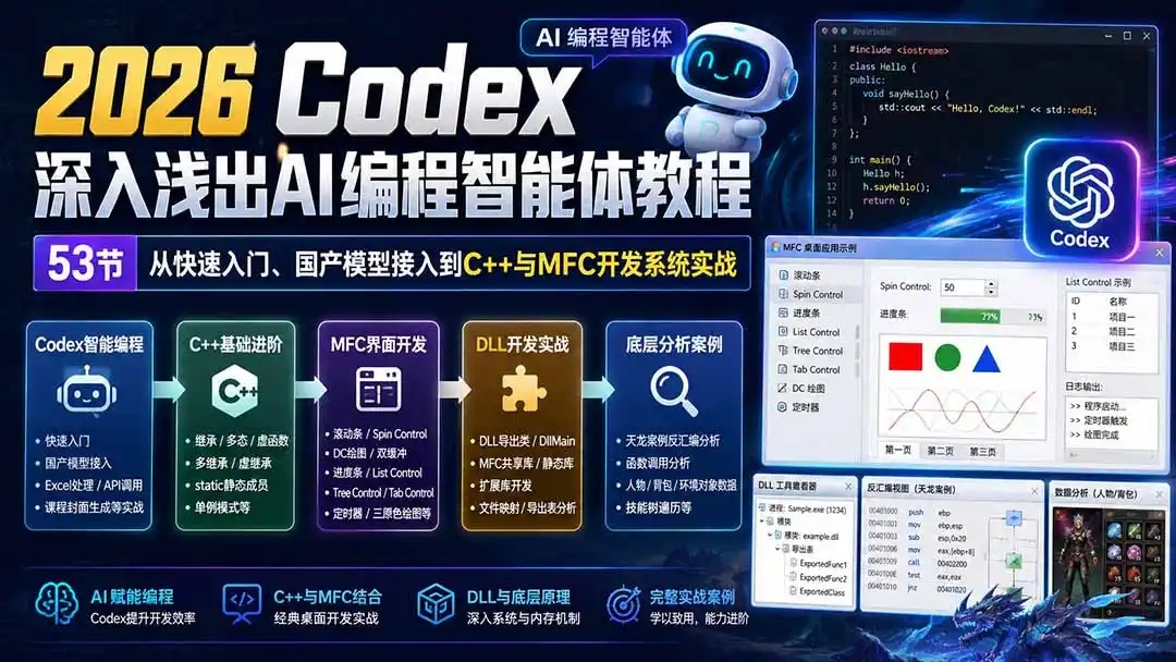 2026 Codex深入浅出AI编程智能体教程:53节从快速入门、国产模型接入到C++与MFC开发系统实战-海豚优课资源库