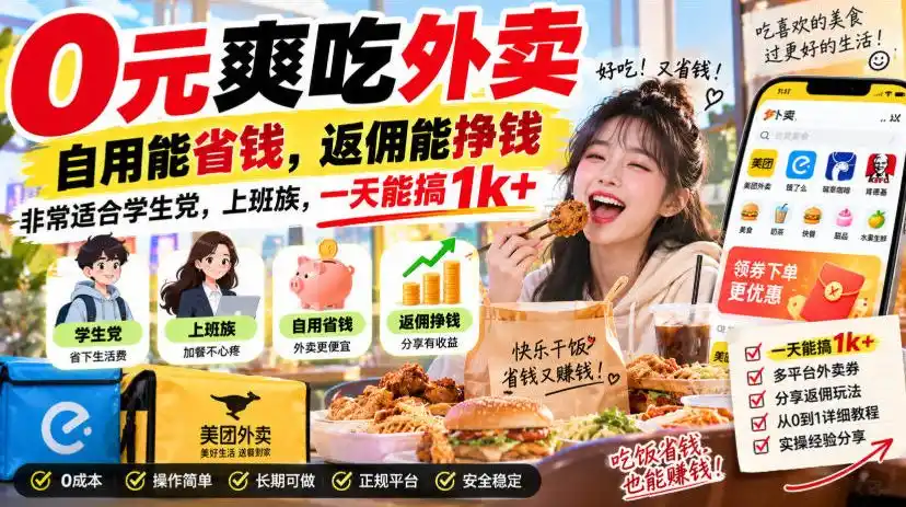 0元爽吃外卖,自用能省钱,返佣能挣钱,非常适合学生党,上班族,一天能搞1k+-海豚优课资源库