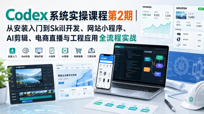 Codex系统实操课程第2期|从安装入门到Skill开发、网站小程序、AI剪辑、电商直播与工程应用全流程实战-海豚优课资源库