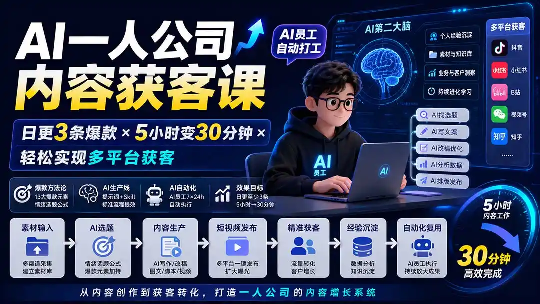 AI一人公司内容获客课-更新8月:日更3条爆款×5小时变30分钟×AI员工自动打工,轻松实现多平台获客-海豚优课资源库