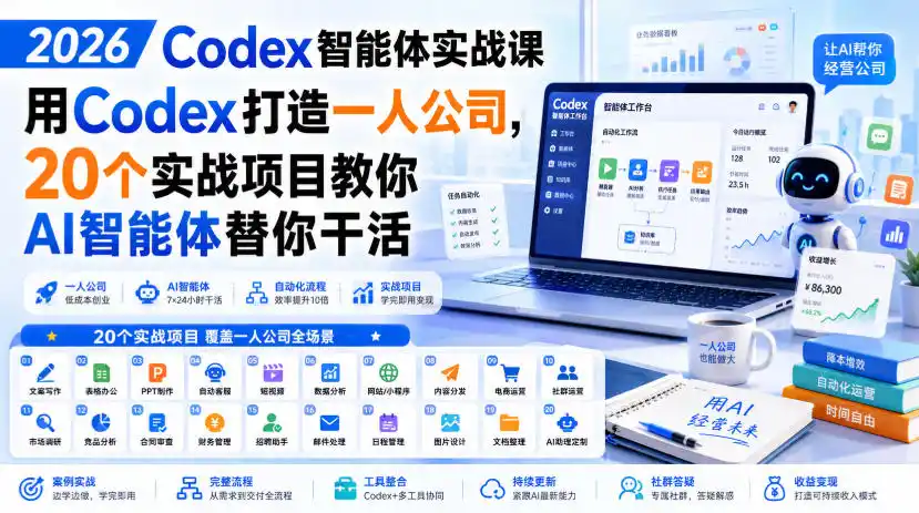 2026 Codex智能体实战课,用Codex打造一人公司,20个实战项目教你AI智能体替你干活-海豚优课资源库