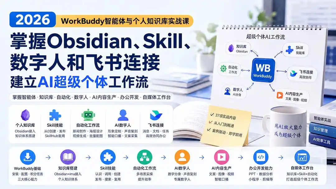 2026 WorkBuddy智能体与个人知识库实战课:掌握Obsidian、Skill、数字人和飞书连接,建立AI超级个体工作流-海豚优课资源库