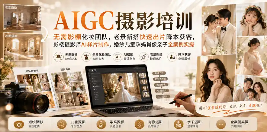 AIGC摄影培训|无需影棚化妆团队,老景新搭快速出片降本获客,影楼摄影师AI样片制作,婚纱儿童孕妈肖像亲子全案例实操-海豚优课资源库