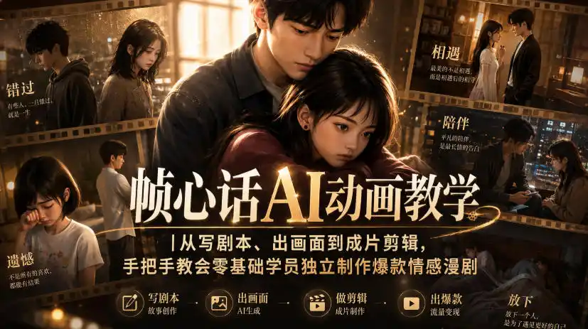 帧心话AI动画教学|从写剧本、出画面到成片剪辑,手把手教会零基础学员独立制作爆款情感漫剧-海豚优课资源库