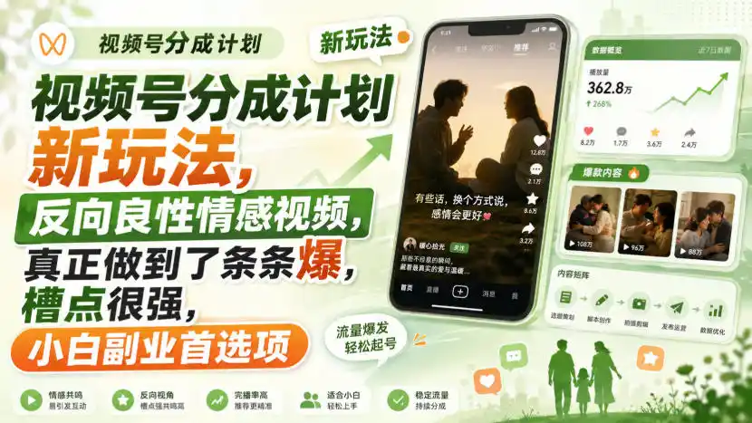 视频号分成计划新玩法,反向良性情感视频,真正做到了条条爆,槽点很强,小白副业首选项-海豚优课资源库