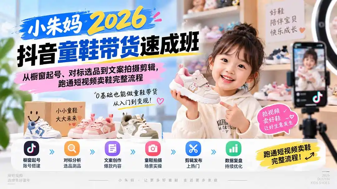 小朱妈2026抖音童鞋带货速成班:从橱窗起号、对标选品到文案拍摄剪辑,跑通短视频卖鞋完整流程-海豚优课资源库