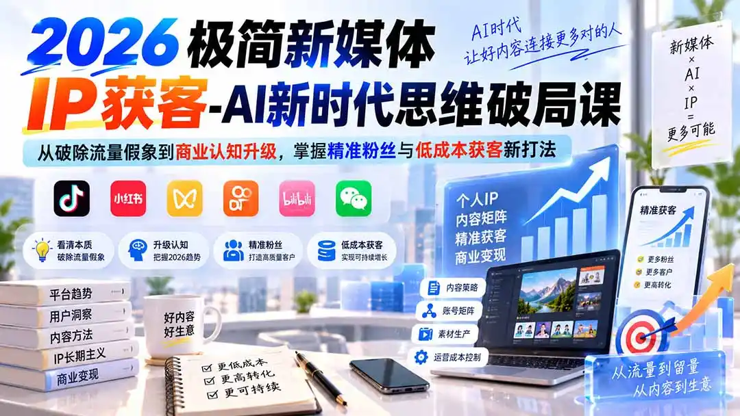2026极简新媒体IP获客-AI新时代思维破局课:从破除流量假象到商业认知升级,掌握精准粉丝与低成本获客新打法-海豚优课资源库