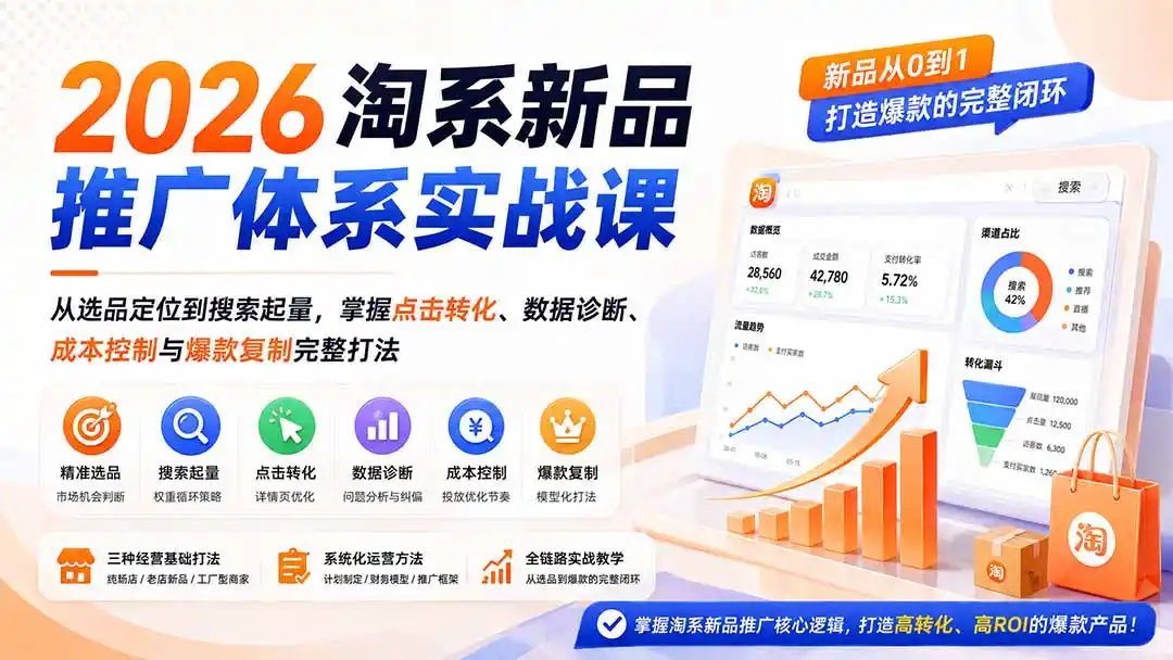 2026淘系新品推广体系实战课:从选品定位到搜索起量,掌握点击转化、数据诊断、成本控制与爆款复制完整打法-海豚优课资源库