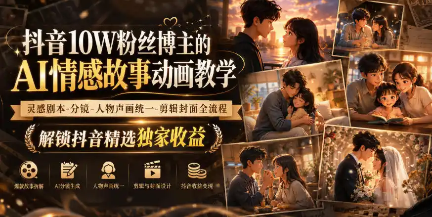 抖音10W粉丝博主的AI情感故事动画教学,灵感剧本‑分镜‑人物声画统一‑剪辑封面全流程,解锁抖音精选独家收益-海豚优课资源库