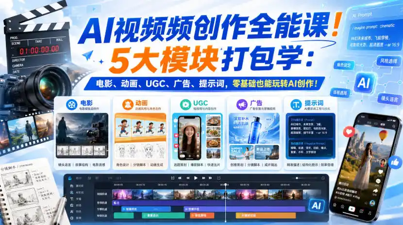 AI视频频创作全能课!5大模块打包学:电影、动画、UGC、广告、提示词,零基础也能玩转AI创作!【原创双语字幕】-海豚优课资源库
