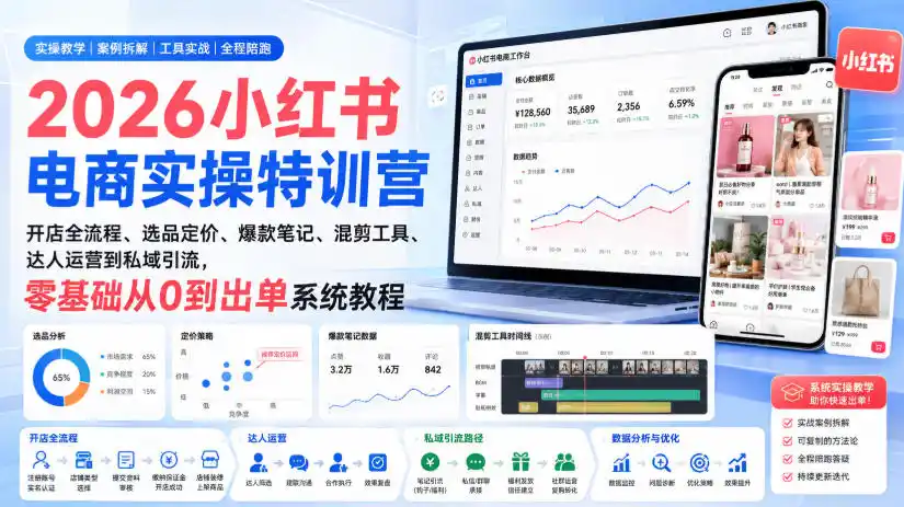 2026小红书电商实操特训营|开店全流程、选品定价、爆款笔记、混剪工具、达人运营到私域引流,零基础从0到出单系统教程-海豚优课资源库