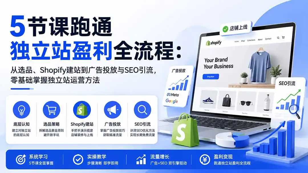 5节课跑通独立站盈利全流程:从选品、Shopify建站到广告投放与SEO引流,零基础掌握独立站运营方法-海豚优课资源库
