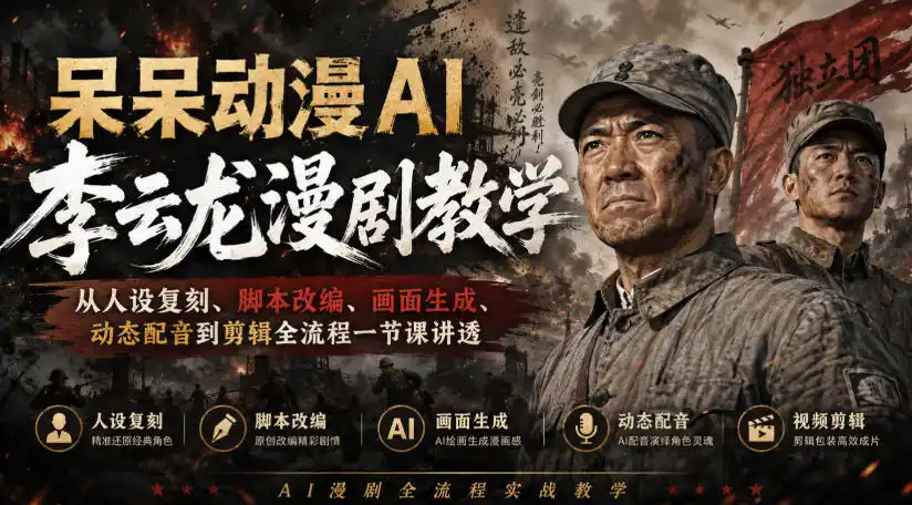 呆呆动漫AI李云龙漫剧教学,从人设复刻、脚本改编、画面生成、动态配音到剪辑全流程一节课讲透-海豚优课资源库