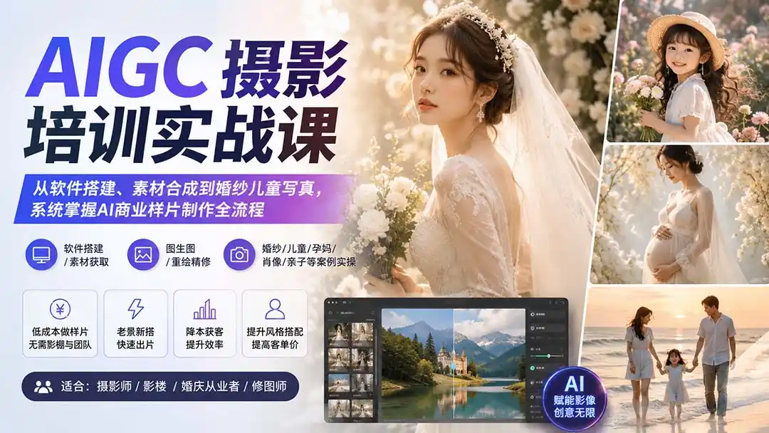 AIGC摄影培训实战课:从软件搭建、素材合成到婚纱儿童写真,系统掌握AI商业样片制作全流程-海豚优课资源库