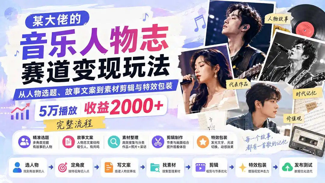 某大佬的音乐人物志赛道变现玩法:从人物选题、故事文案到素材剪辑与特效包装,5万播放收益2000+完整流程-海豚优课资源库