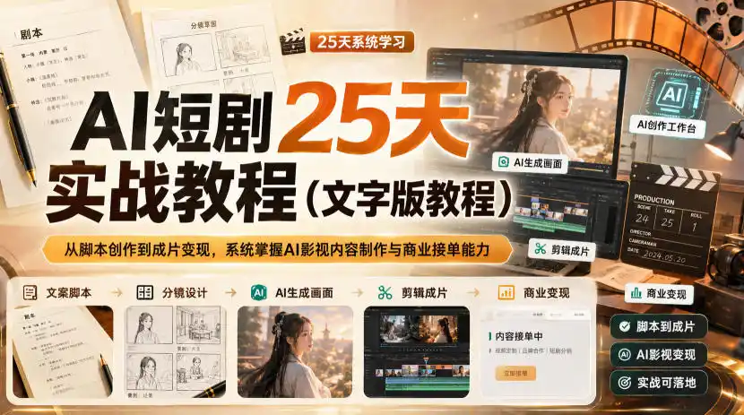 AI短剧25天实战教程(文字版教程),从脚本创作到成片变现,系统掌握AI影视内容制作与商业接单能力-海豚优课资源库