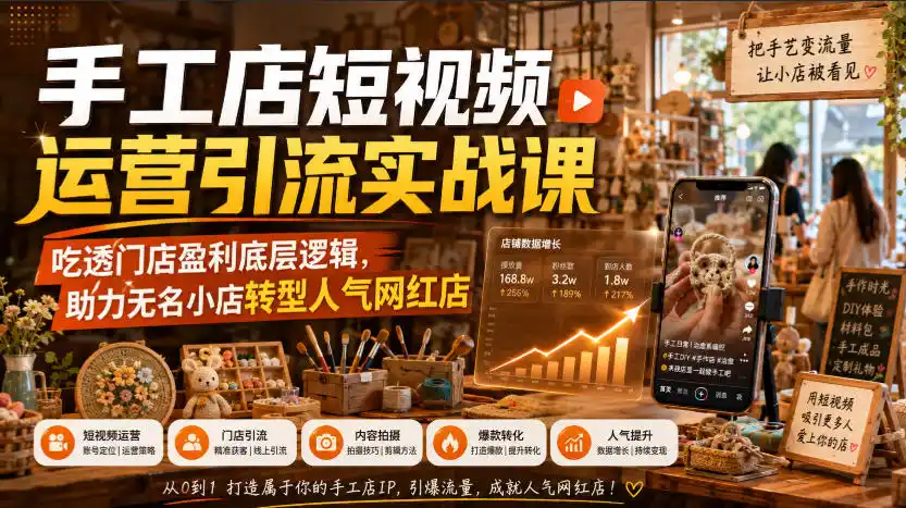 手工店短视频运营引流实战课,吃透门店盈利底层逻辑,助力无名小店转型人气网红店-海豚优课资源库
