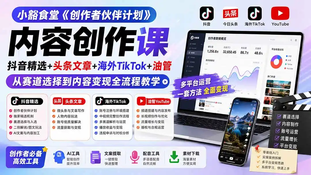 小豁食堂《创作者伙伴计划》内容创作课:抖音精选+头条文章+海外TikTok+油管,从赛道选择到内容变现全流程教学-海豚优课资源库