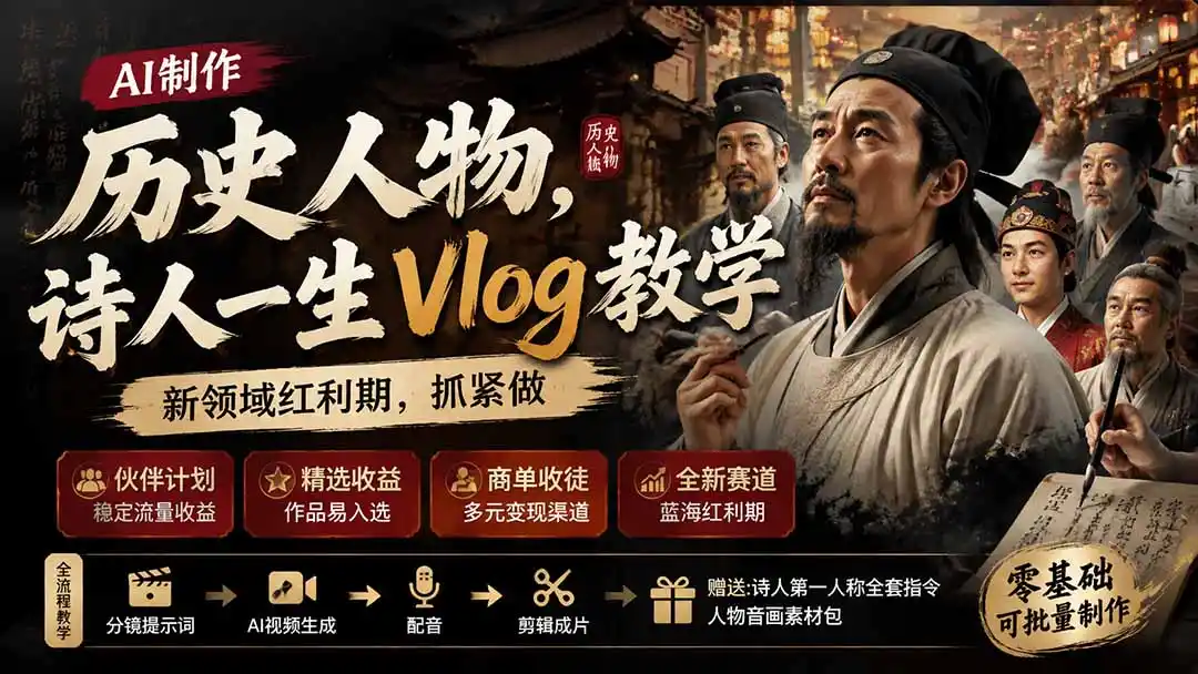 历史人物,诗人一生Vlog教学, AI制作丨伙伴计划丨精选收益丨商单收徒 ,新领域红利期,抓紧做-海豚优课资源库