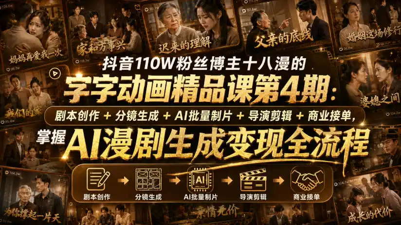 抖音110W粉丝博主十八漫的字字动画精品课第4期:剧本创作+分镜生成+剪辑+商业接单,掌握AI漫剧生成变现全流程-海豚优课资源库