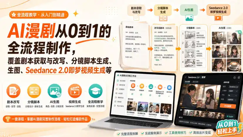 AI漫剧从0到1的全流程制作,覆盖剧本获取与改写、分镜脚本生成、角色场景生图与三视图、Seedance 2.0即梦视频生成(PDF版)-海豚优课资源库