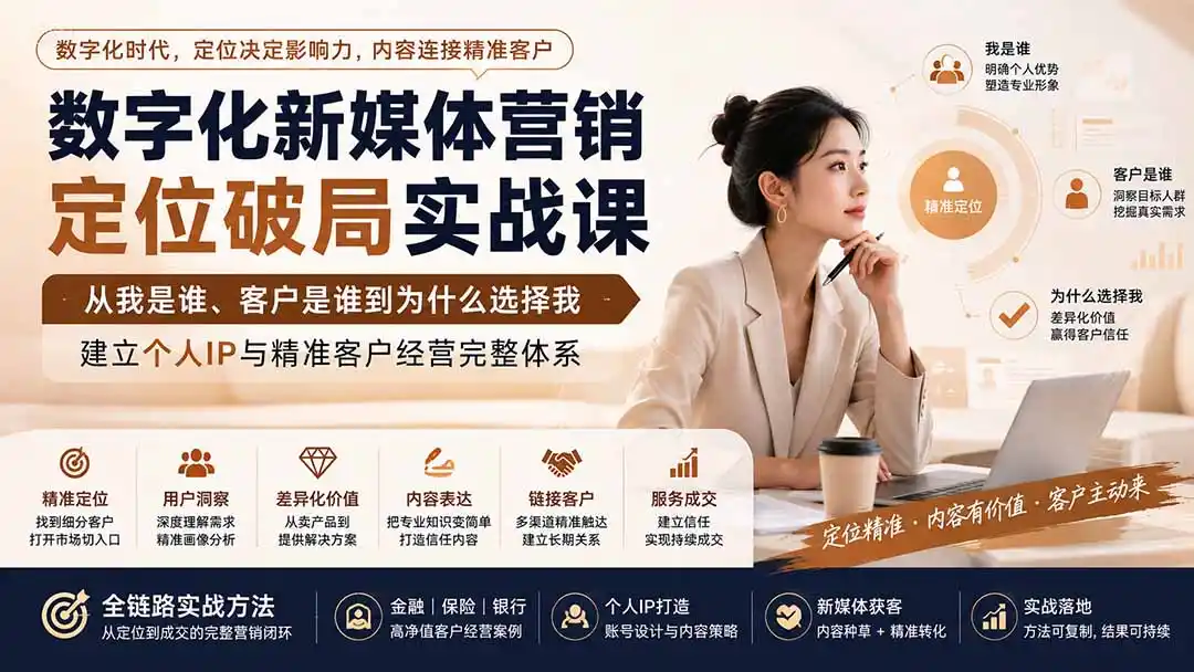数字化新媒体营销定位破局实战课:从我是谁、客户是谁到为什么选择我,建立个人IP与精准客户经营完整体系-海豚优课资源库