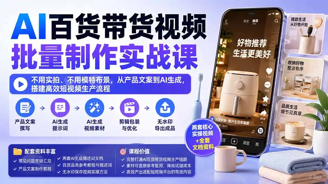 AI百货带货视频批量制作实战课:不用实拍、不用模特布景,从产品文案到AI生成,搭建高效短视频生产流程-海豚优课资源库