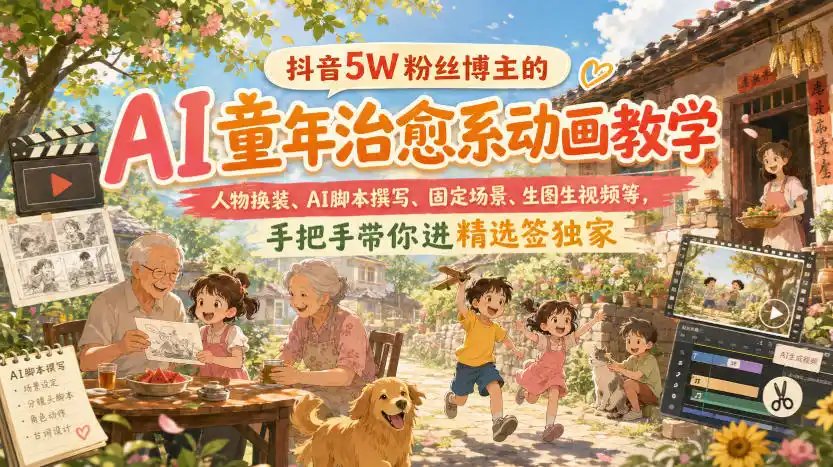 抖音5W粉丝博主的AI童年治愈系动画教学,人物换装、AI脚本撰写、固定场景、生图生视频等,手把手带你进精选签独家-海豚优课资源库