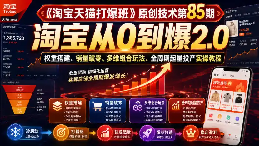 《淘宝天猫打爆班》原创技术第85期，淘宝从0到爆2.0，权重搭建、销量破零、多维组合玩法、全周期起量投产实操教程-海豚优课资源库