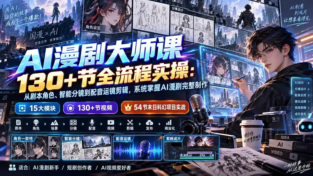 AI漫剧大师课130+节全流程实操:从剧本角色、智能分镜到配音运镜剪辑,系统掌握AI漫剧完整制作-海豚优课资源库