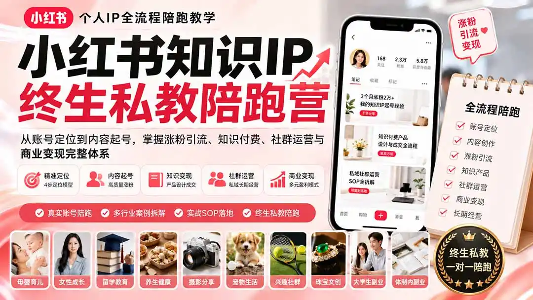 小红书知识IP终生私教陪跑营:从账号定位到内容起号,掌握涨粉引流、知识付费、社群运营与商业变现完整体系-海豚优课资源库