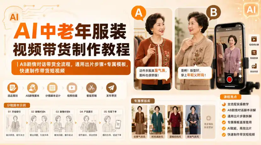 AI中老年服装视频带货制作教程|AB剧情对话带货全流程,通用出片步骤+专属模板,快速制作带货短视频-海豚优课资源库