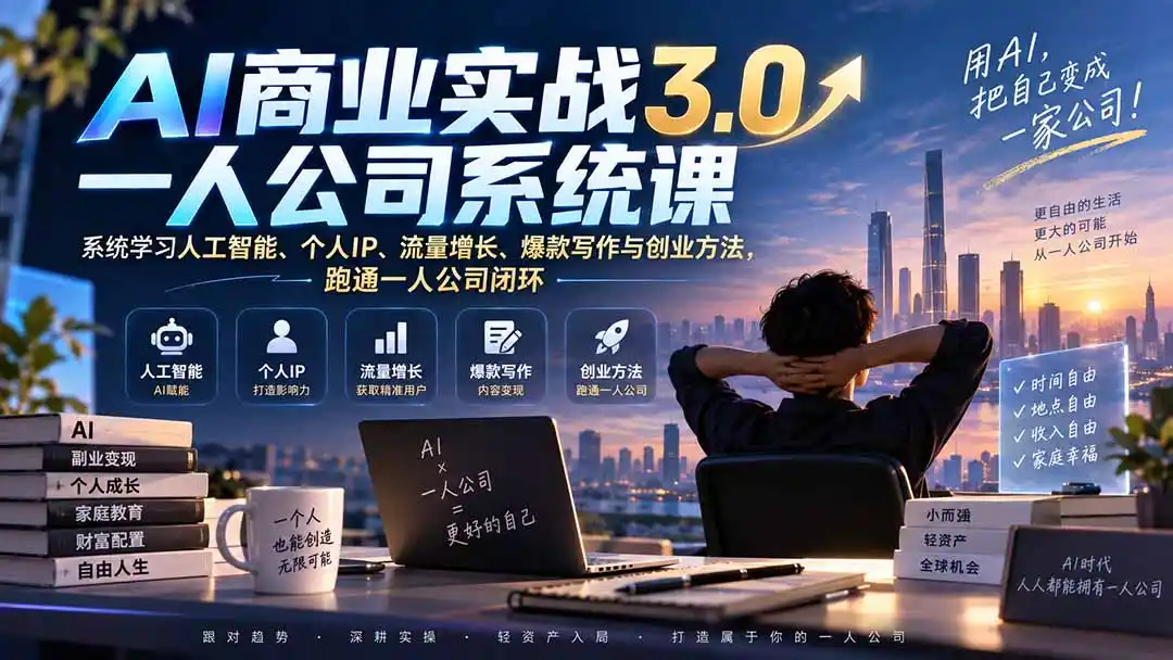 AI商业实战3.0一人公司系统课:系统学习人工智能、个人IP、流量增长、爆款写作与创业方法,跑通一人公司闭环-海豚优课资源库