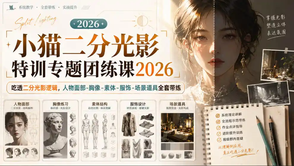 小猫二分光影特训专题团练课2026|吃透二分光影逻辑,人物面部‑胸像‑素体‑服饰‑场景道具全套带练,高清画质附赠课件与笔刷-海豚优课资源库