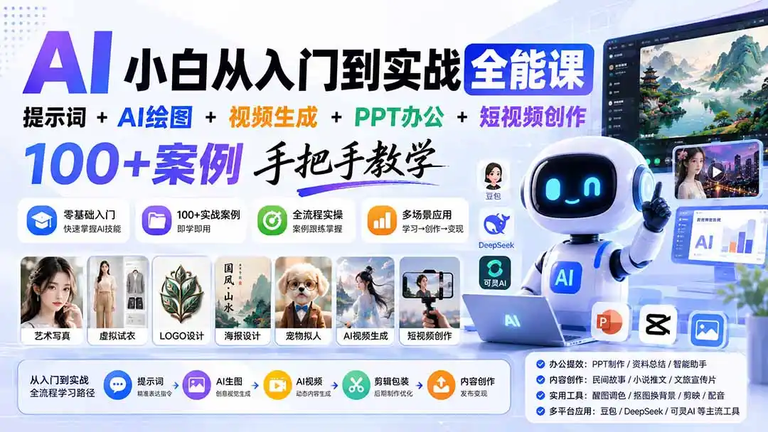 AI小白从入门到实战全能课:提示词+AI绘图+视频生成+PPT办公+短视频创作,100+案例手把手教学-海豚优课资源库