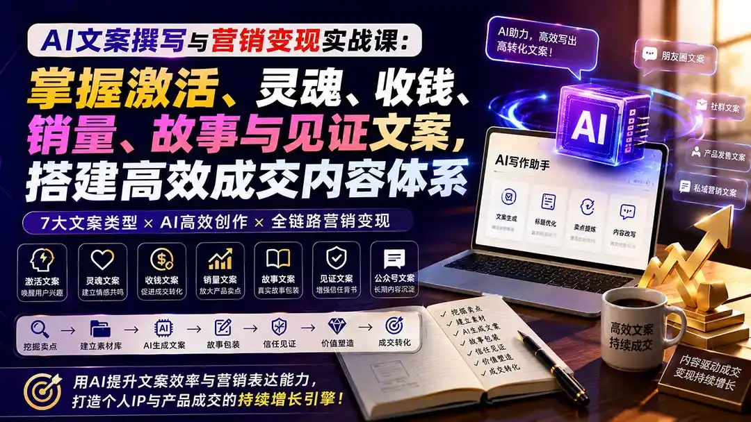 AI文案撰写与营销变现实战课:掌握激活、灵魂、收钱、销量、故事与见证文案,搭建高效成交内容体系-海豚优课资源库