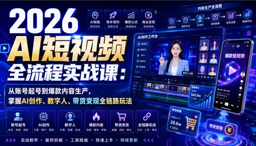 2026 AI短视频全流程实战课：从账号起号到爆款内容生产，掌握AI创作、数字人、带货变现全链路玩法-海豚优课资源库