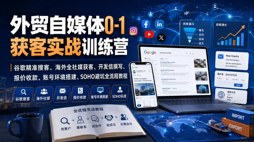 外贸自媒体0-1获客实战训练营｜谷歌精准搜客、海外全社媒获客、开发信撰写、报价收款、账号环境搭建、SOHO避坑全流程教程(更新)-海豚优课资源库
