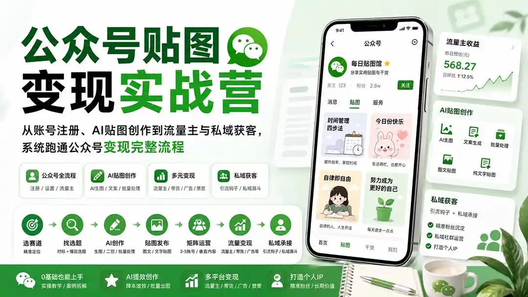 公众号贴图变现实战营:从账号注册、AI贴图创作到流量主与私域获客,系统跑通公众号变现完整流程-海豚优课资源库